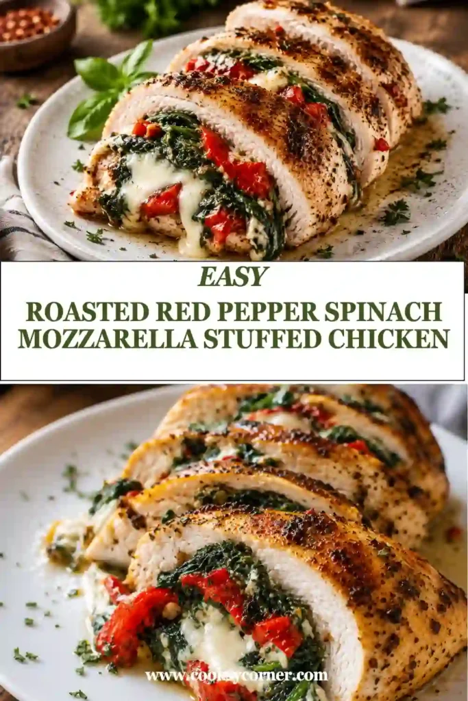 A close-up of stuffed chicken breast filled with spinach, mozzarella cheese, and roasted red peppers. This easy baked chicken recipe is flavorful, cheesy, and high in protein.