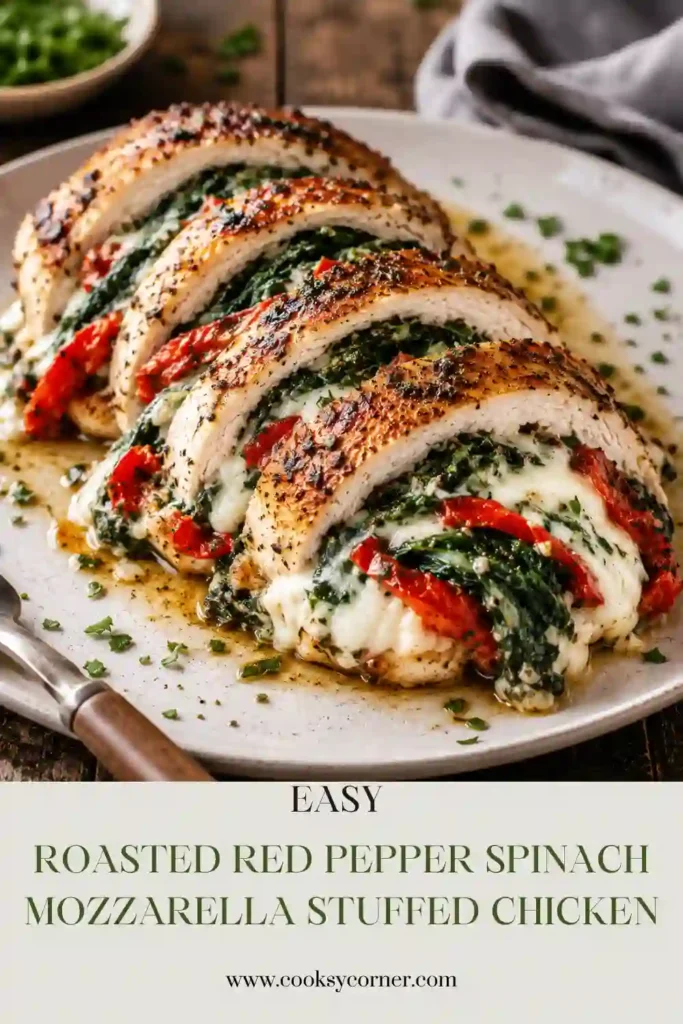 Roasted Red Pepper Spinach Mozzarella Stuffed Chicken sliced to reveal melted mozzarella, fresh spinach, and roasted red pepper filling. The juicy baked chicken is golden on the outside and perfect for dinner.