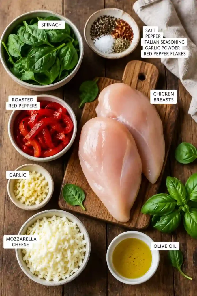 Freshly baked Roasted Red Pepper Spinach Mozzarella Stuffed Chicken served on a dinner plate. A comforting homemade meal with juicy chicken and cheesy filling.