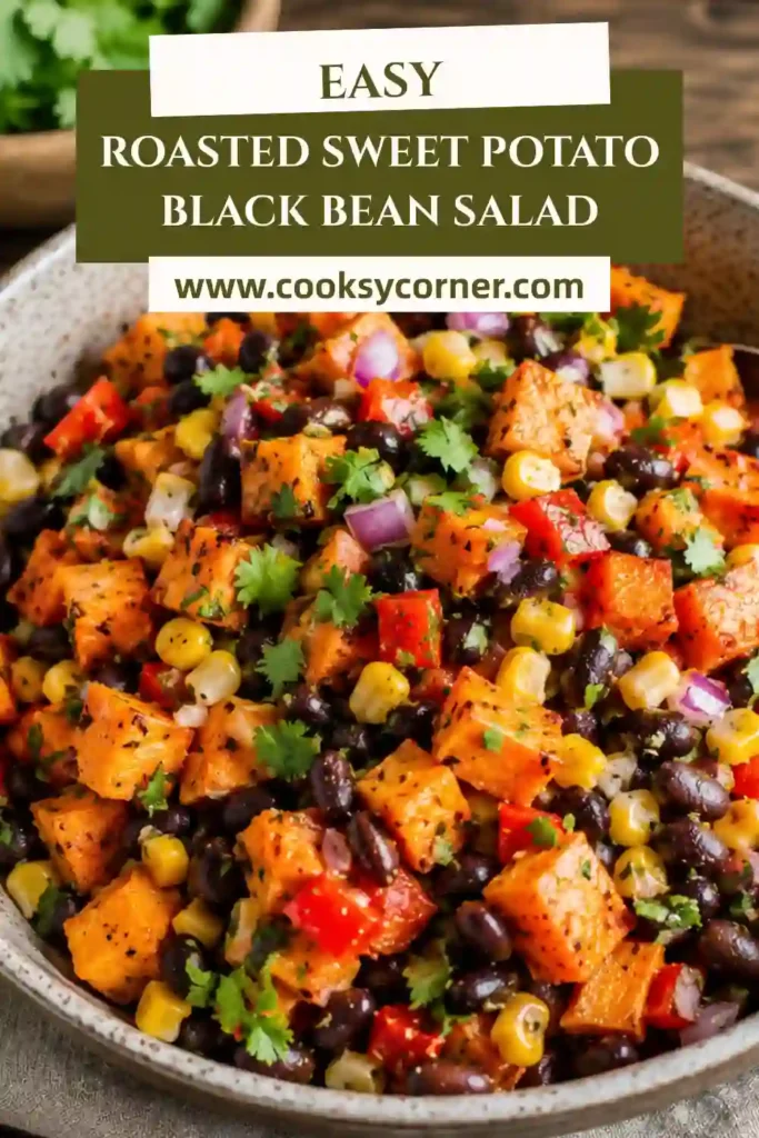 Fresh Roasted Sweet Potato Black Bean Salad with caramelized sweet potatoes, black beans, corn, peppers, and creamy avocado in a serving bowl.