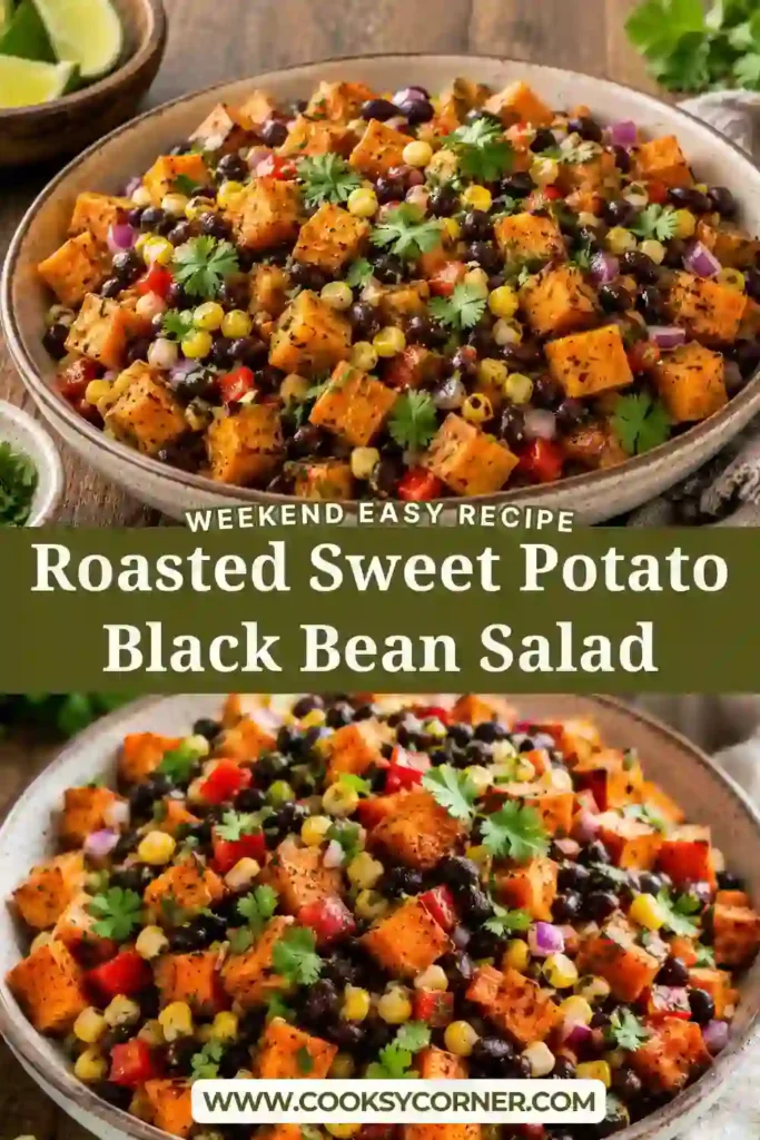 Healthy Roasted Sweet Potato Black Bean Salad served with lime dressing, pumpkin seeds, and fresh cilantro. Perfect for lunch, dinner, or meal prep.