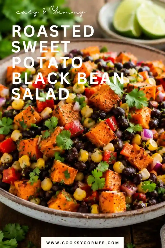 A bowl of Roasted Sweet Potato Black Bean Salad featuring roasted sweet potatoes, black beans, corn, bell peppers, avocado, and cilantro. The salad looks fresh, colorful, and healthy.
