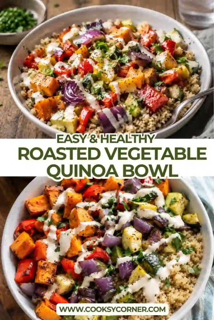 Golden roasted vegetables served over fluffy quinoa with fresh parsley and a drizzle of tahini dressing. This vegetarian quinoa recipe is vibrant, nutritious, and perfect for meal prep.