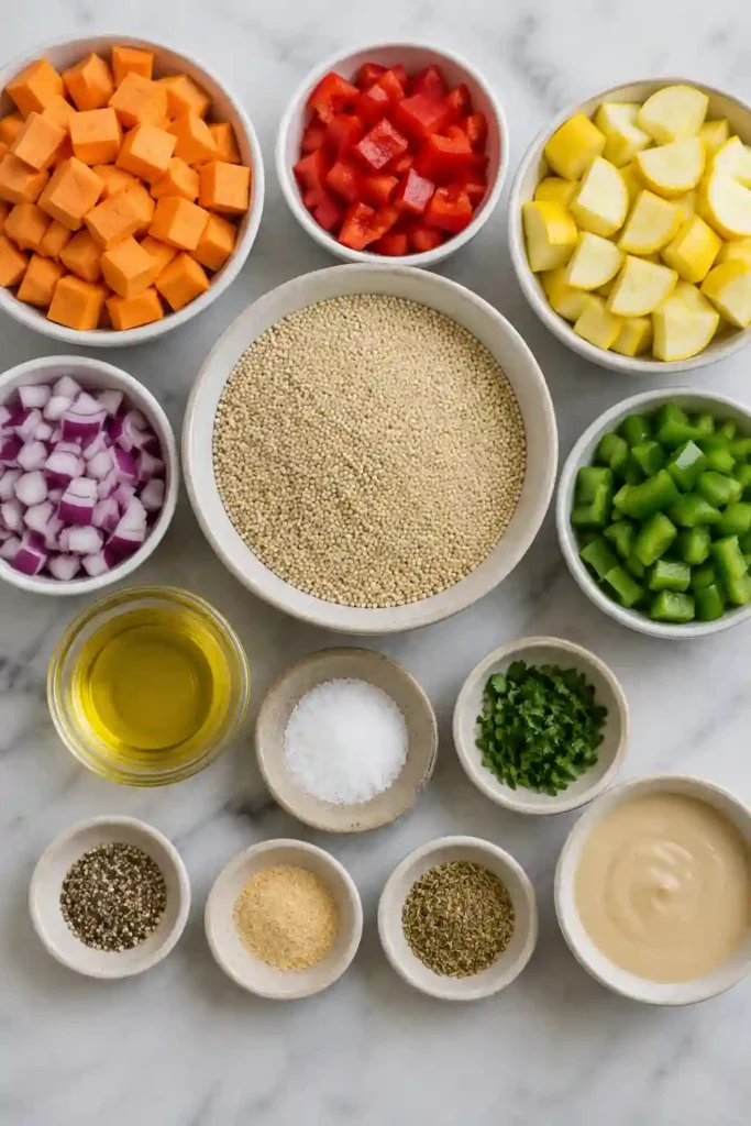 Fresh roasted vegetables layered over perfectly cooked quinoa and finished with parsley and tahini dressing. This easy healthy dinner is colorful, filling, and naturally vegetarian.