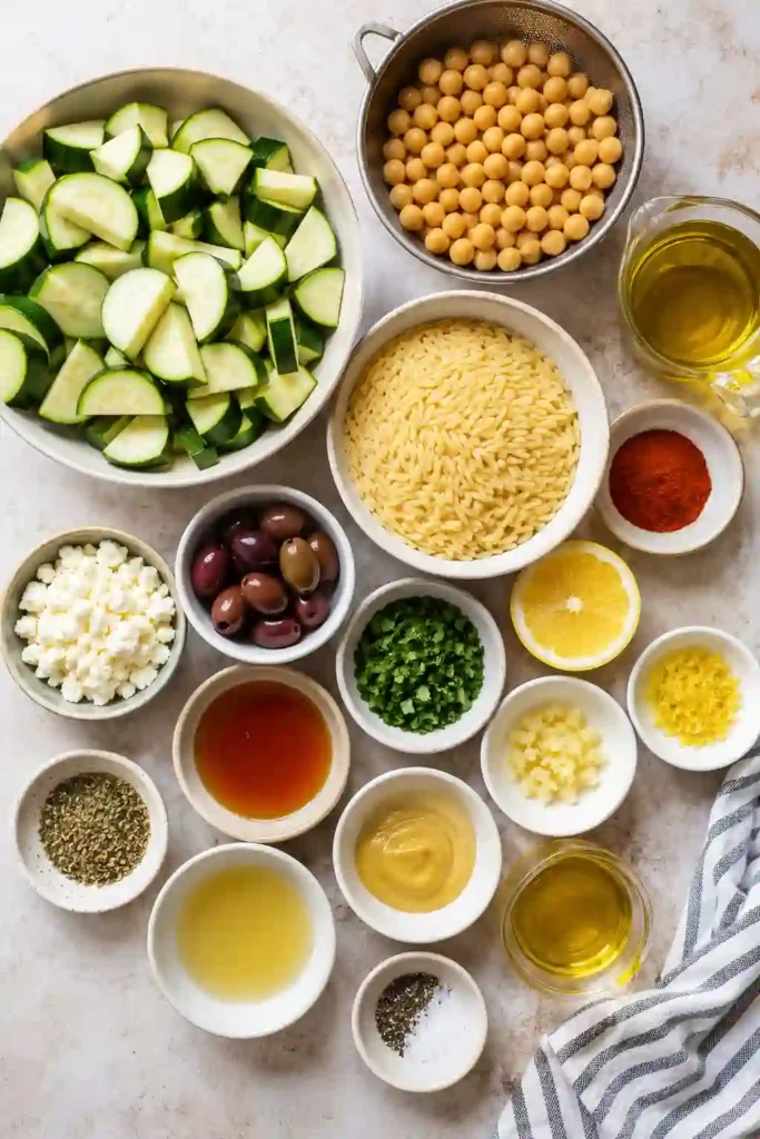 Easy Roasted Zucchini Orzo topped with roasted zucchini, creamy feta, crispy chickpeas, and herbs. This healthy vegetarian orzo recipe is perfect for weeknight dinners or meal prep.