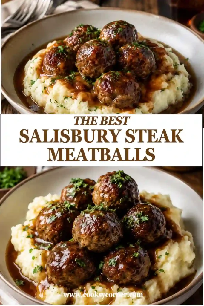 Comforting Salisbury Steak Meatballs topped with homemade brown gravy alongside creamy mashed potatoes flavored with garlic and fresh herbs. A delicious weeknight dinner idea.