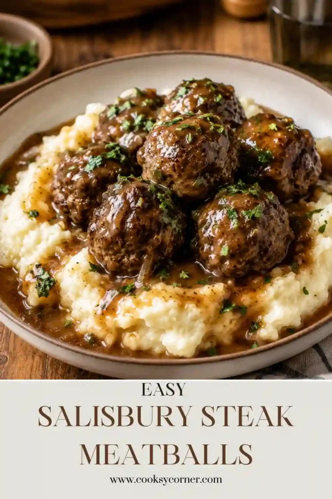 Homemade Salisbury Steak Meatballs served with buttery garlic herb mashed potatoes and flavorful onion gravy. A classic American comfort food recipe for family dinners.