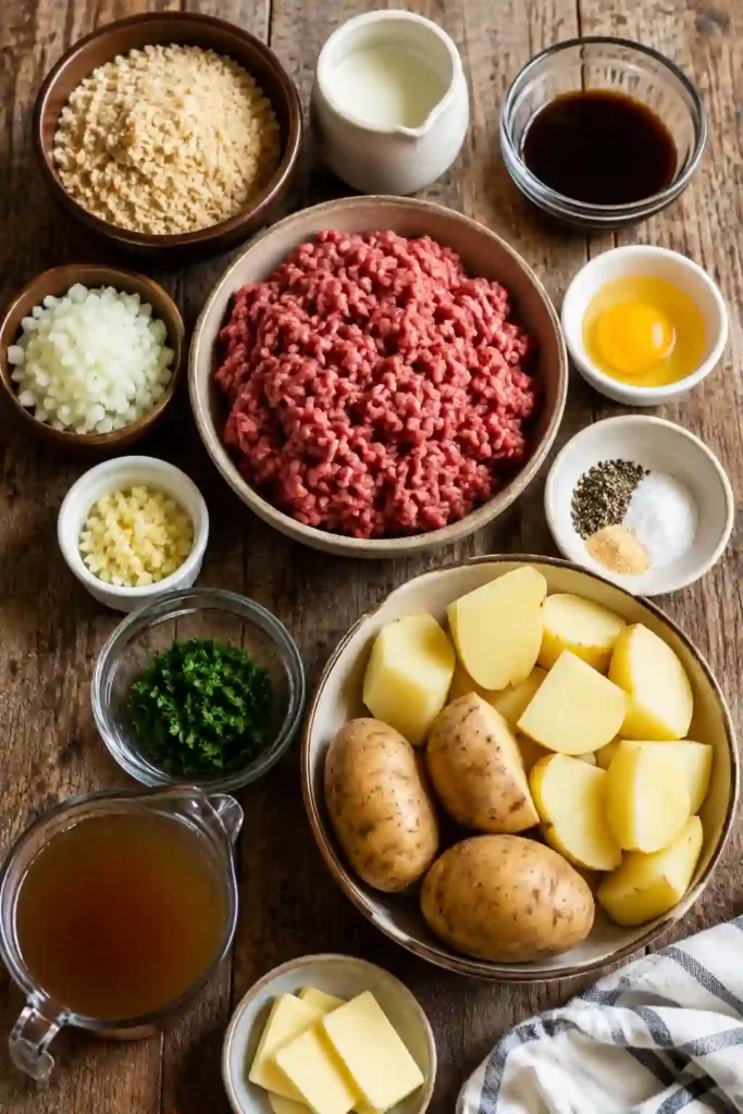 Freshly prepared Salisbury Steak Meatballs with garlic herb mashed potatoes on a dinner plate topped with rich onion gravy. Perfect for an easy family comfort food meal.