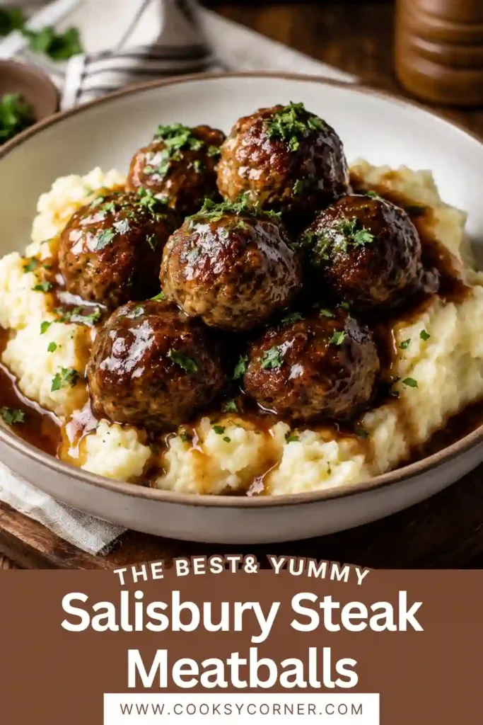 A plate of Salisbury Steak Meatballs covered in rich homemade brown gravy served over creamy garlic herb mashed potatoes. This hearty comfort food dinner is warm, satisfying, and perfect for family meals.