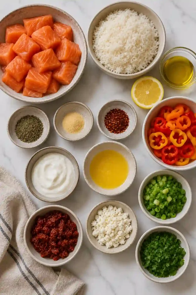 Fresh Salmon Bowls with Crispy Rice arranged with colorful vegetables, lemon, herbs, and flaky salmon. This healthy rice bowl recipe is perfect for lunch or dinner.