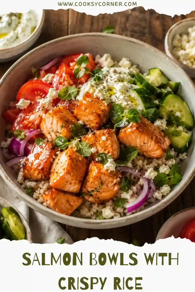 Close-up of crispy rice topped with perfectly cooked salmon, sautéed vegetables, fresh herbs, and feta cheese. This Mediterranean salmon bowl is vibrant and full of flavor.