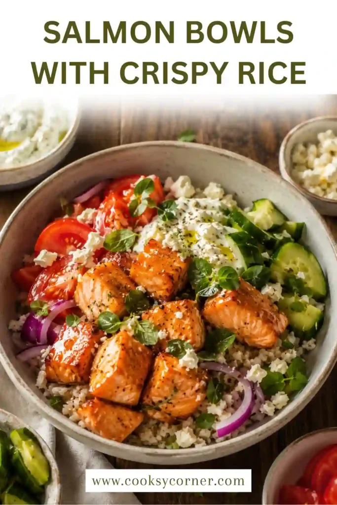 A colorful Salmon Bowl with Crispy Rice featuring pan-seared salmon cubes, crispy basmati rice, sautéed bell peppers, green onions, fresh herbs, sun-dried tomatoes, and crumbled feta.