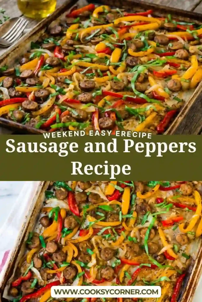 A close-up of roasted chicken sausage with caramelized peppers and onions garnished with fresh parsley. This sheet pan dinner is packed with rich, savory flavor.