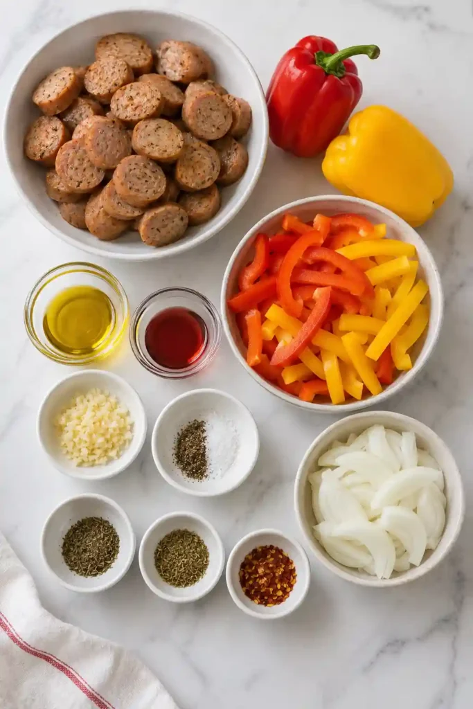 Freshly roasted sausage and peppers served with Parmesan cheese and basil on a rustic platter. This easy sheet pan recipe is colorful, flavorful, and family-friendly.