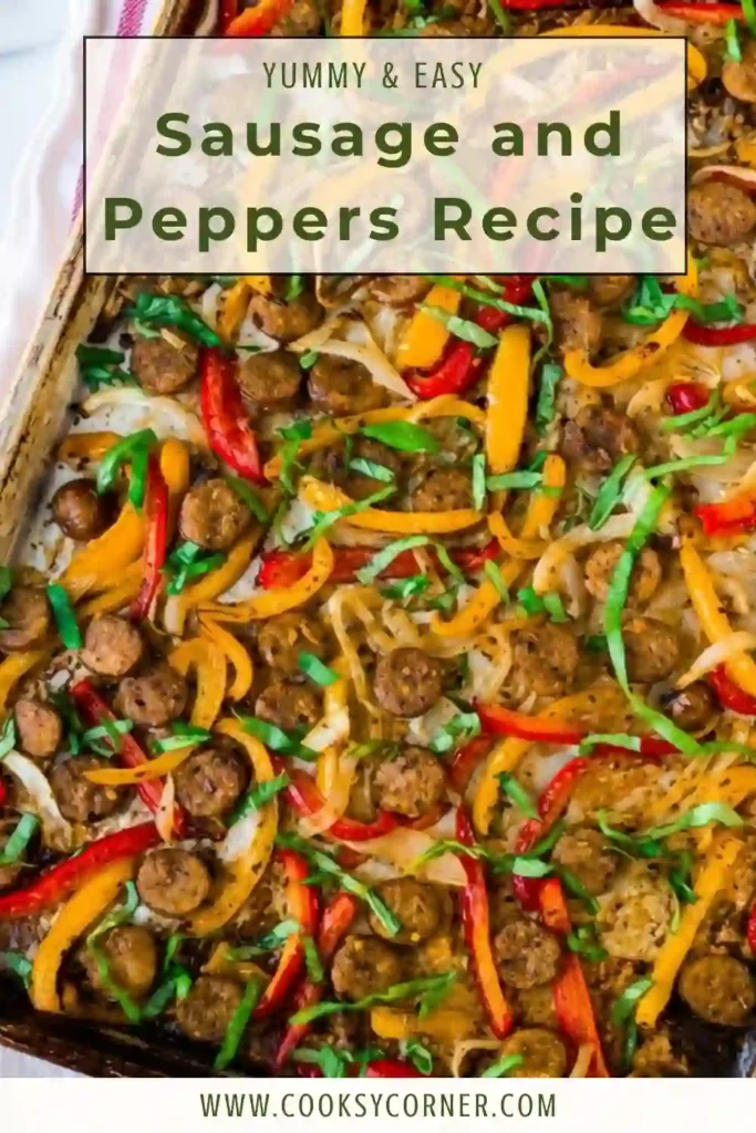 Roasted turkey sausage with red and yellow bell peppers served on a baking sheet. This colorful Sausage and Peppers recipe is simple, hearty, and perfect for weeknight meals.