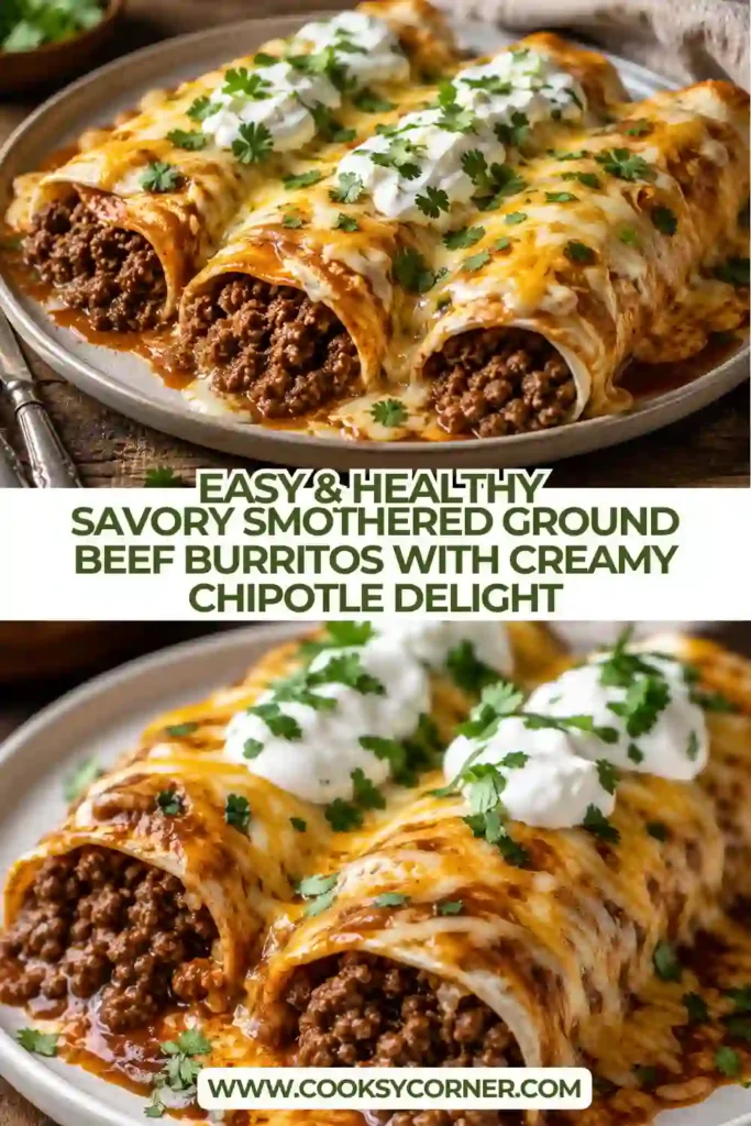 Close-up of cheesy baked ground beef burritos covered in smoky chipotle cream sauce. The soft tortillas are filled with seasoned beef and finished with bubbling cheddar cheese.