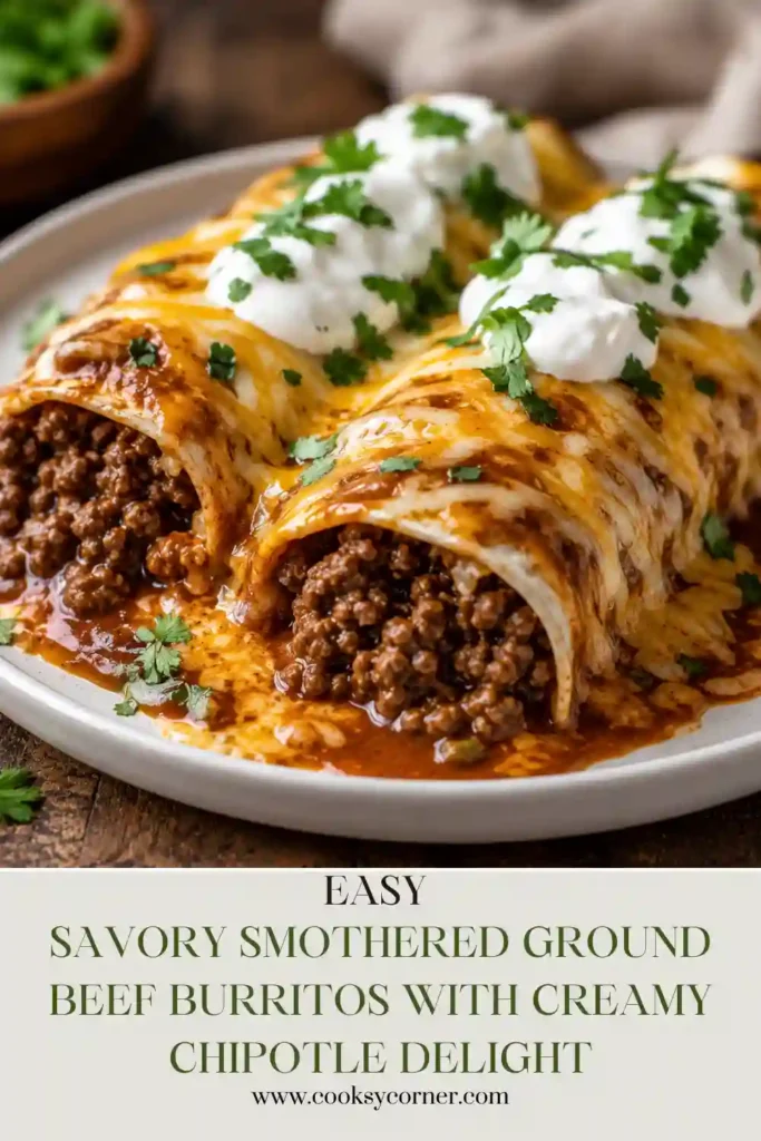 Savory Smothered Ground Beef Burritos with Creamy Chipotle Delight baked in a casserole dish with creamy chipotle sauce and melted cheddar cheese. The burritos are golden, cheesy, and garnished with fresh cilantro.