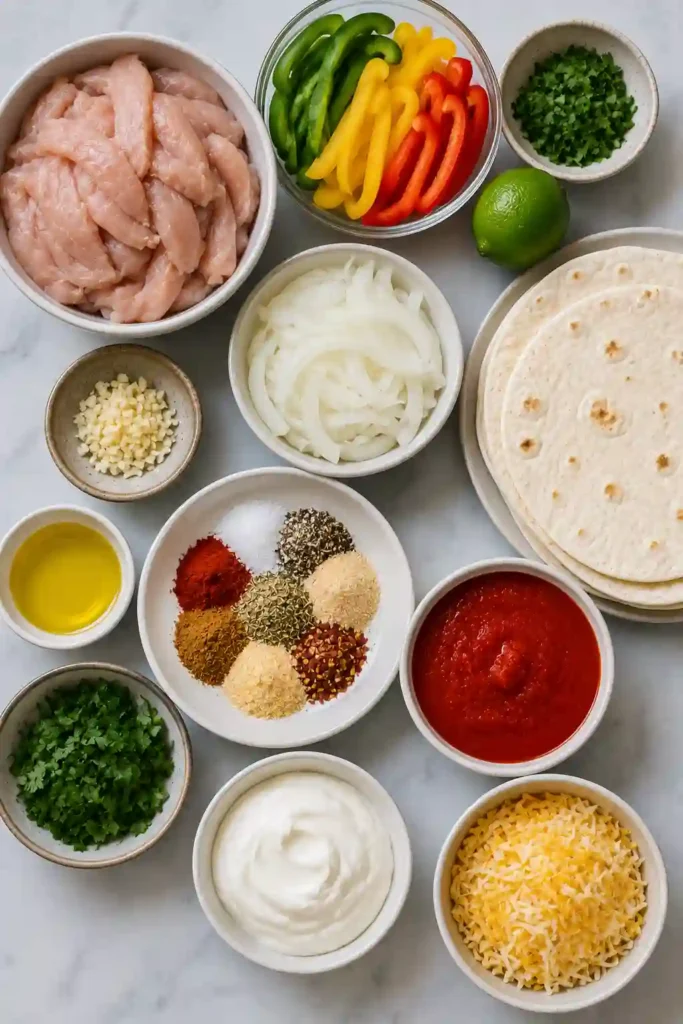 Baked chicken fajitas with bell peppers, onions, and homemade fajita seasoning on a sheet pan. A family-friendly Mexican-inspired dinner.