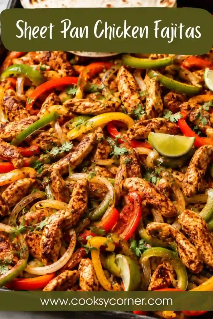 Homemade Sheet Pan Chicken Fajitas served with warm tortillas, lime wedges, and fresh cilantro. A healthy chicken fajita recipe.