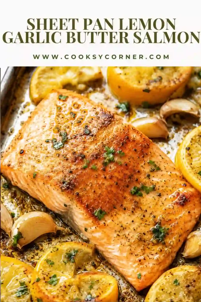 Close-up of juicy garlic butter salmon with caramelized edges and fresh herbs. This easy baked salmon recipe is perfect for weeknight meals.