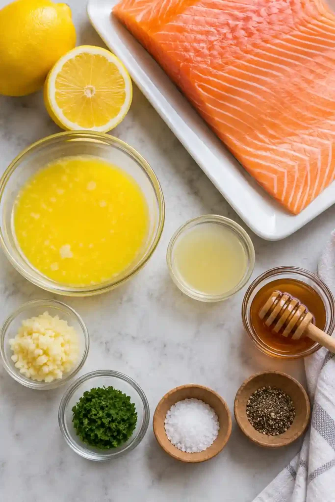 Tender lemon garlic salmon served directly from a sheet pan with buttery sauce and parsley garnish. A healthy and delicious seafood dinner.