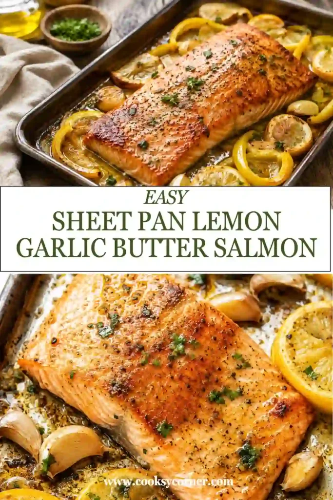 Golden oven baked salmon resting on a foil-lined sheet pan with melted garlic butter and lemon slices. A simple and flavorful family dinner.