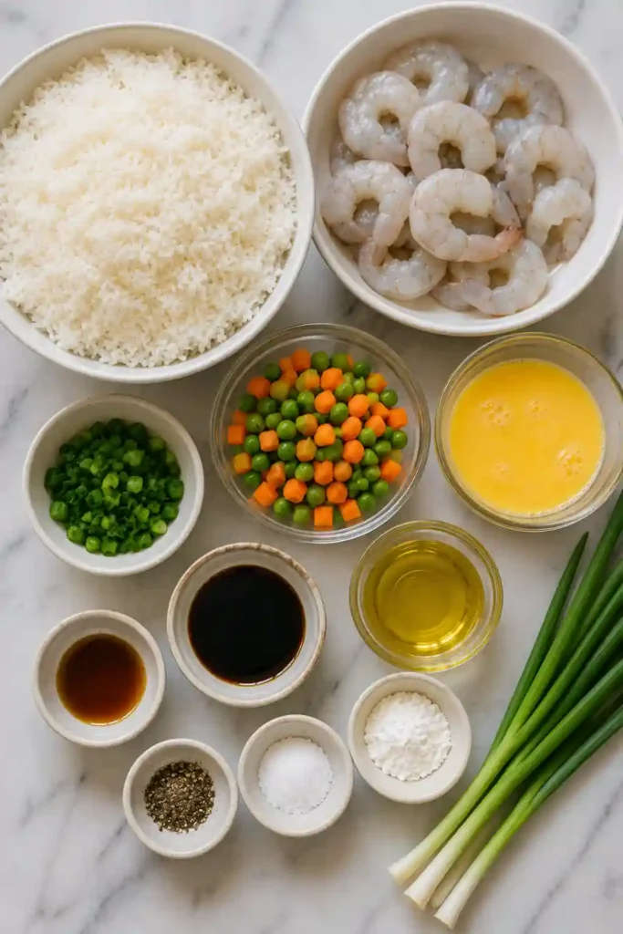 One-pan Shrimp Fried Rice with perfectly cooked shrimp, fluffy rice, vegetables, and scrambled eggs for an easy dinner.