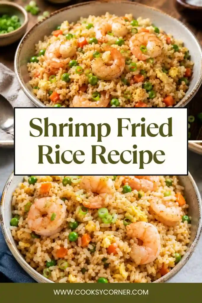 Better-than-takeout Shrimp Fried Rice garnished with green onions and sesame seeds in a rustic serving bowl.