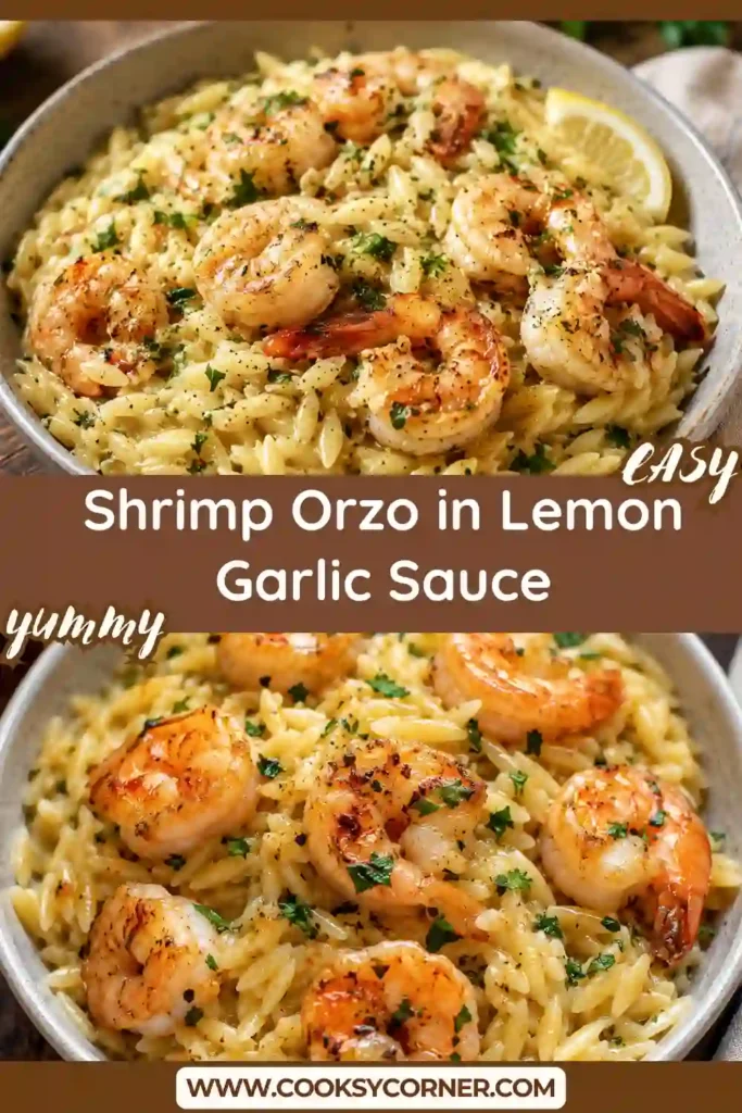 A bowl of Shrimp Orzo in Lemon Garlic Sauce topped with freshly chopped parsley and lemon zest. The tender shrimp and perfectly cooked orzo are coated in a bright, flavorful lemon garlic sauce.