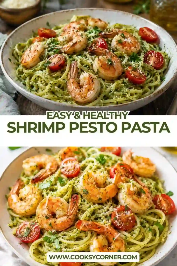 Fresh Shrimp Pesto Pasta topped with Parmesan cheese, parsley, and cherry tomatoes. Tender shrimp are coated in vibrant basil pesto for an easy Italian-inspired meal.