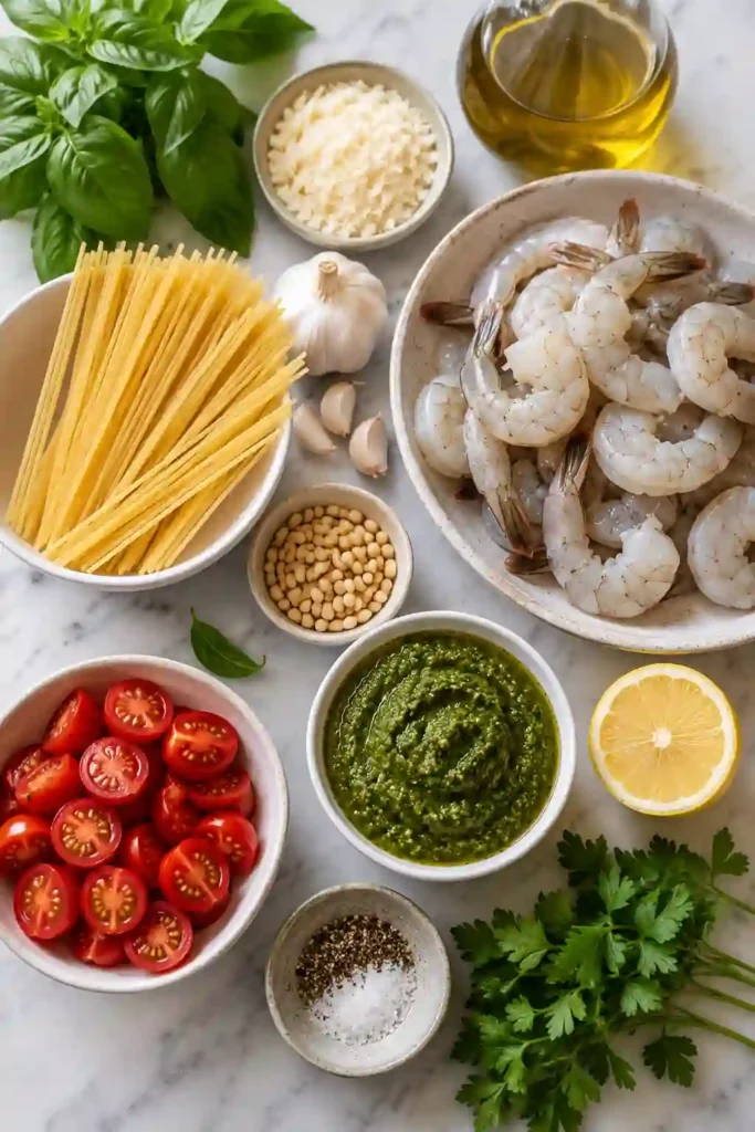 Homemade Shrimp Pesto Pasta featuring perfectly cooked shrimp, spaghetti, basil pesto, Parmesan cheese, and fresh cherry tomatoes for a flavorful meal.