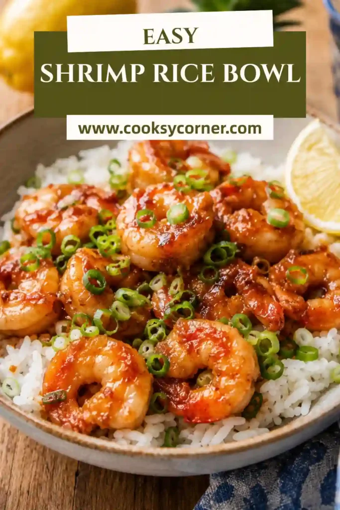 A Shrimp Rice Bowl topped with garlic butter shrimp, fluffy white rice, chopped scallions, and fresh lemon wedges. This easy shrimp and rice recipe is vibrant, fresh, and perfect for a quick dinner.