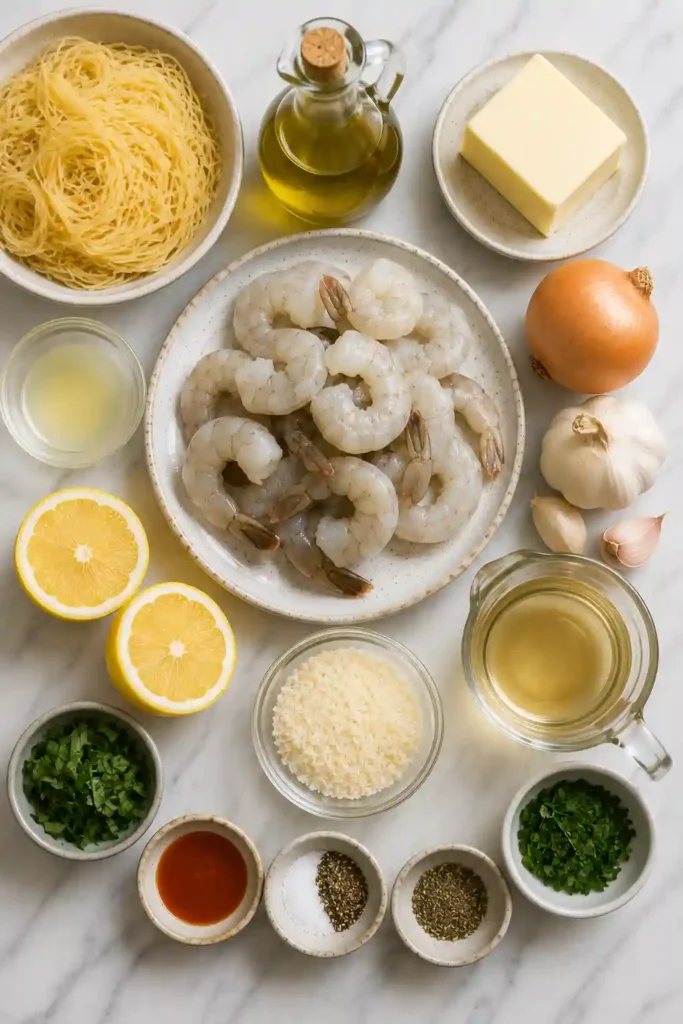 Garlic butter shrimp pasta served with grated Parmesan, chopped parsley, basil, and fresh lemon slices on a white plate.