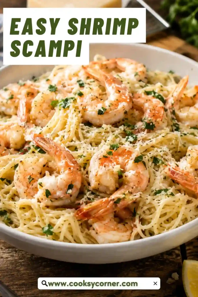 Easy Shrimp Scampi made with tender shrimp, lemon garlic butter sauce, and angel hair pasta for a quick seafood dinner.