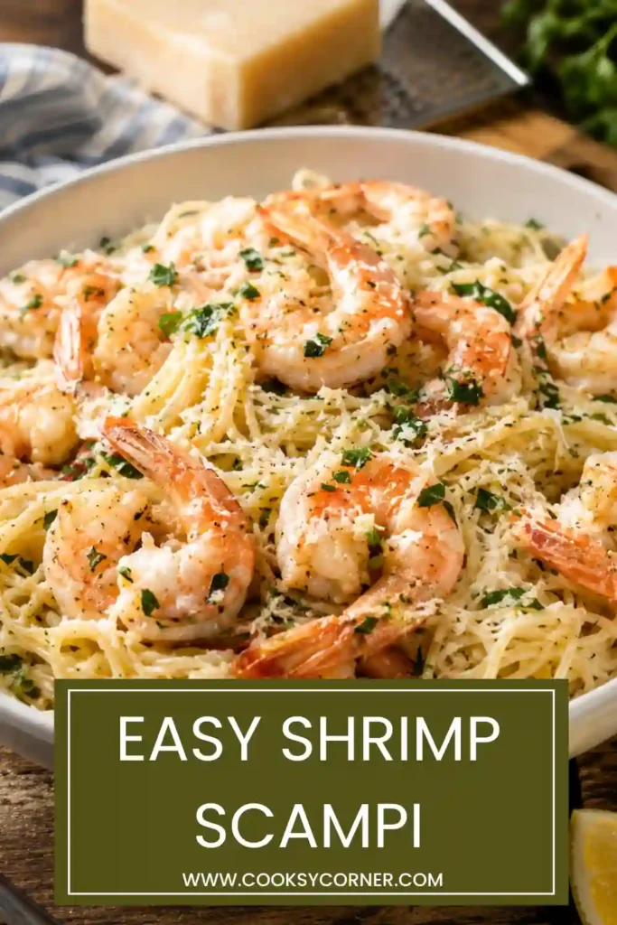 A bowl of Shrimp Scampi with angel hair pasta, garlic butter sauce, Parmesan cheese, fresh parsley, and lemon wedges.
