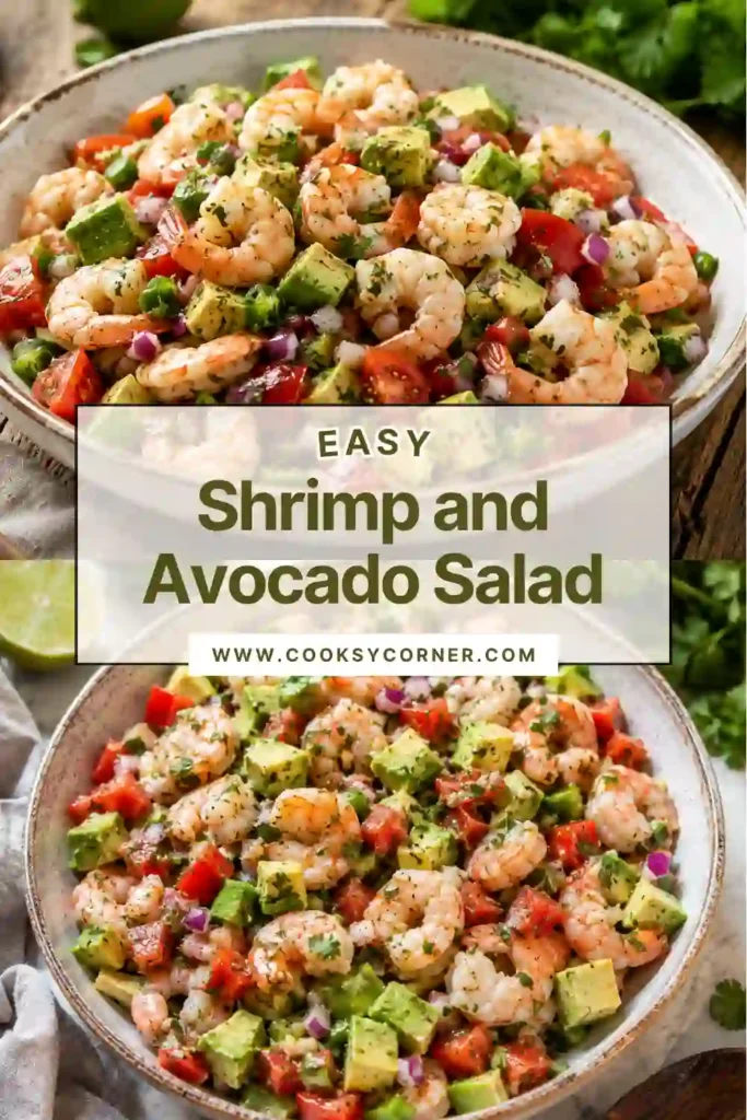 Fresh Shrimp and Avocado Salad garnished with cilantro and lime wedges. This light seafood recipe features creamy avocado, juicy tomatoes, and tender shrimp.