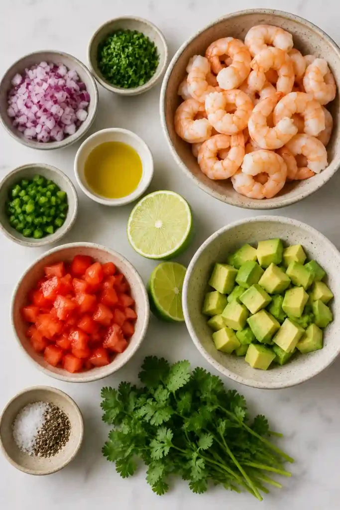 Healthy Shrimp and Avocado Salad featuring fresh vegetables, citrus dressing, and perfectly cooked shrimp. A quick no-cook seafood recipe for warm days.