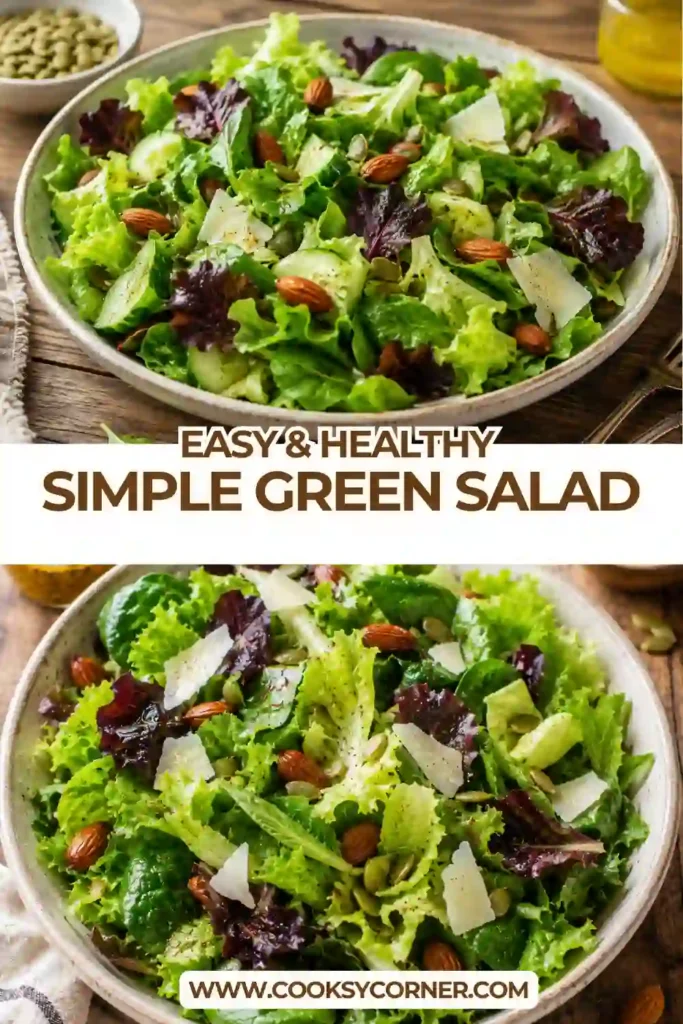 Fresh Simple Green Salad topped with sliced avocado, cucumber, pepitas, Parmesan, and microgreens. The vibrant ingredients create a crisp and flavorful healthy green salad.
