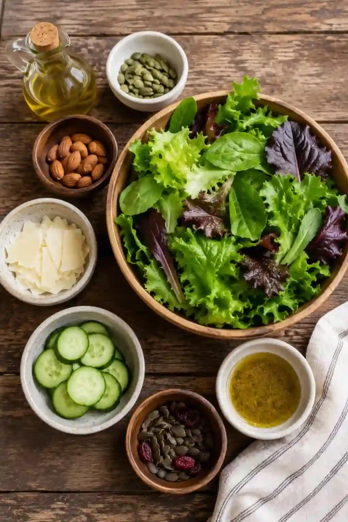 Healthy Simple Green Salad featuring crisp lettuce, creamy avocado, roasted tamari almonds, cucumber, and shaved Parmesan. This fresh garden salad is ideal for lunch or dinner.