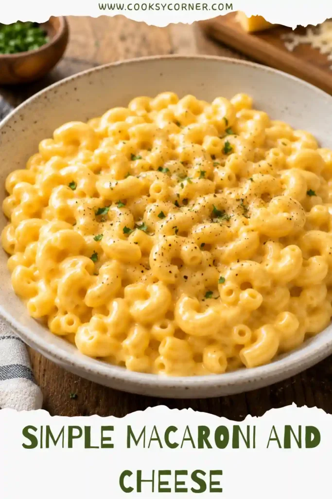 Close-up of cheesy elbow macaroni covered in a velvety cheddar sauce. This easy macaroni and cheese recipe is perfect for family dinners and comfort food lovers.