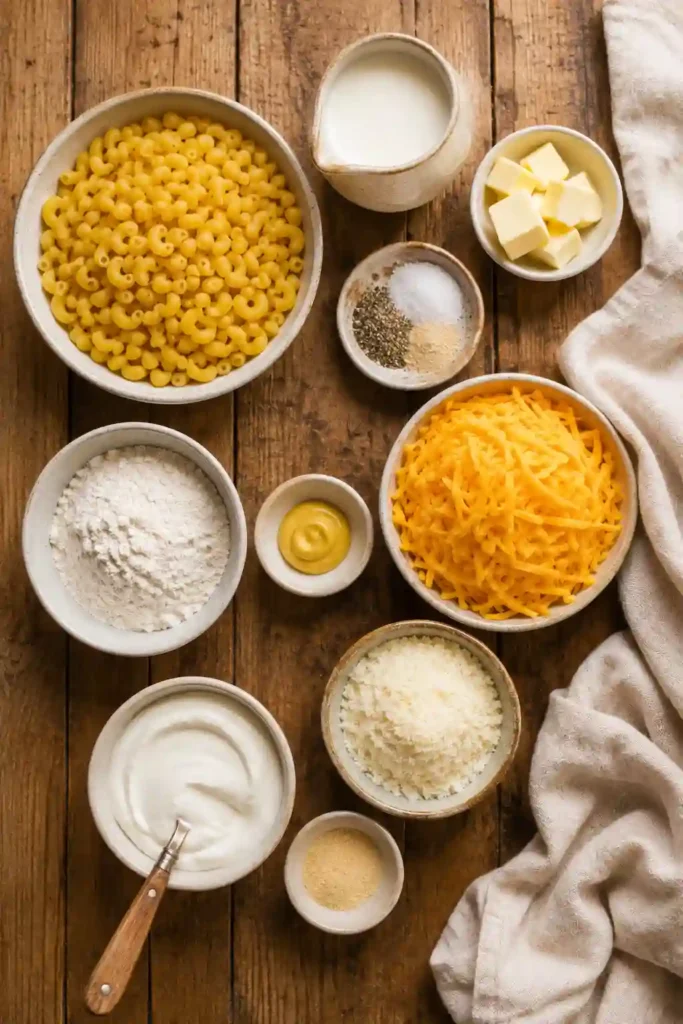 Freshly made Simple Macaroni and Cheese with golden cheddar cheese and tender pasta. A classic American comfort food served hot and creamy.