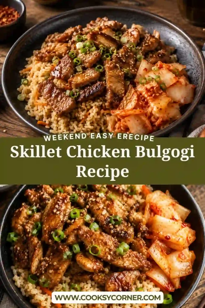 Juicy chicken bulgogi served over steamed rice with sesame seeds and fresh green onions. A simple Korean chicken recipe made in one skillet for busy weeknights.