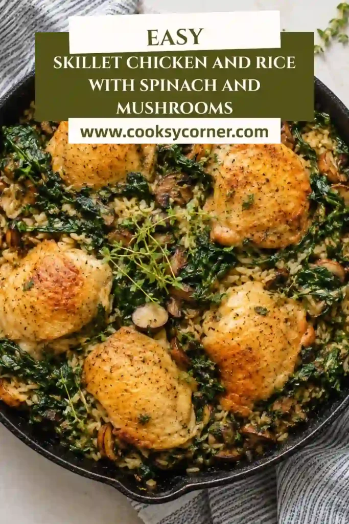 3. Juicy chicken thighs baked with brown rice, garlic, spinach, and mushrooms until tender. A healthy skillet dinner with vibrant vegetables and savory herbs.