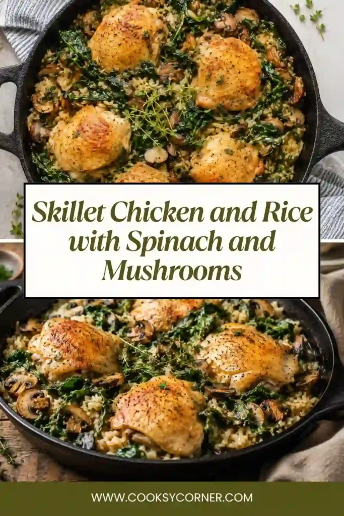 1. A cast-iron skillet filled with golden-brown chicken thighs, fluffy brown rice, fresh spinach, and sautéed mushrooms. This one-pan chicken dinner is hearty, colorful, and perfect for family meals.