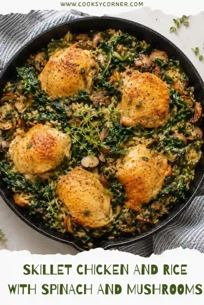 2. Oven-baked chicken thighs served over seasoned brown rice with mushrooms and wilted spinach in a rustic skillet. A wholesome comfort food recipe with fresh ingredients.