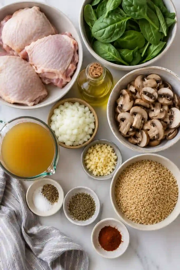 4. A rustic skillet featuring crispy chicken thighs surrounded by fluffy rice, mushrooms, and spinach under natural lighting. A delicious one-pan meal perfect for weeknight dinners.