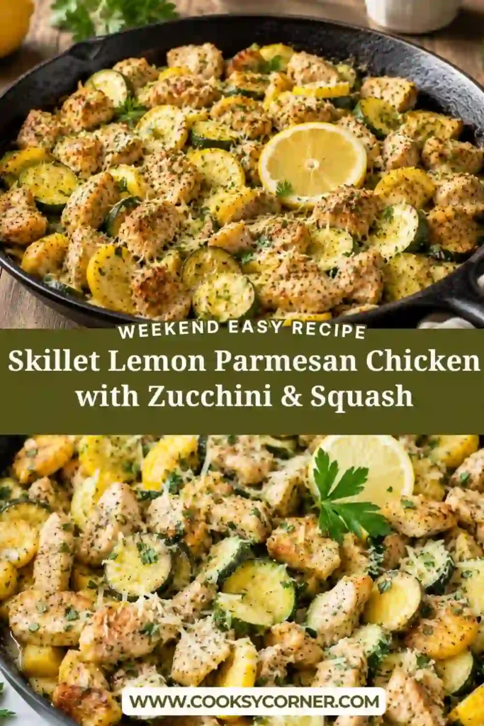 Tender chicken breast cooked with zucchini, yellow squash, Parmesan cheese, and fresh lemon in a cast iron skillet. This healthy chicken recipe is quick, satisfying, and family-friendly.