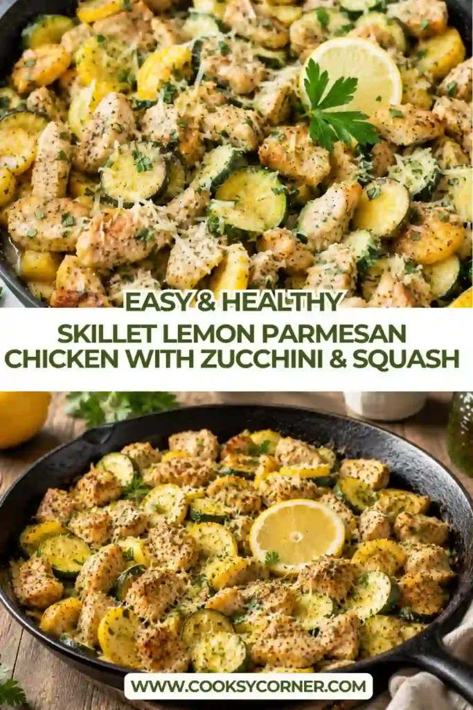 Golden skillet lemon Parmesan chicken served with sautéed zucchini and squash in a single pan. Fresh lemon zest and herbs create a vibrant and flavorful weeknight meal.