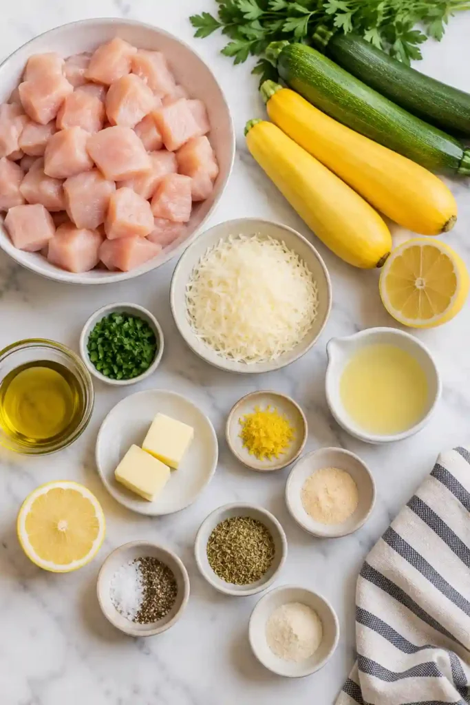 One pan lemon Parmesan chicken with colorful zucchini and squash finished with parsley and grated cheese. A simple low carb dinner bursting with fresh citrus flavor.