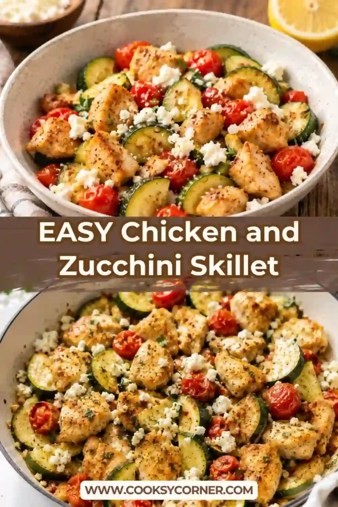 A skillet filled with juicy chicken thighs, sliced zucchini, cherry tomatoes, and crumbled feta cheese. This Chicken and Zucchini Skillet is a colorful one-pan high-protein dinner perfect for busy evenings.